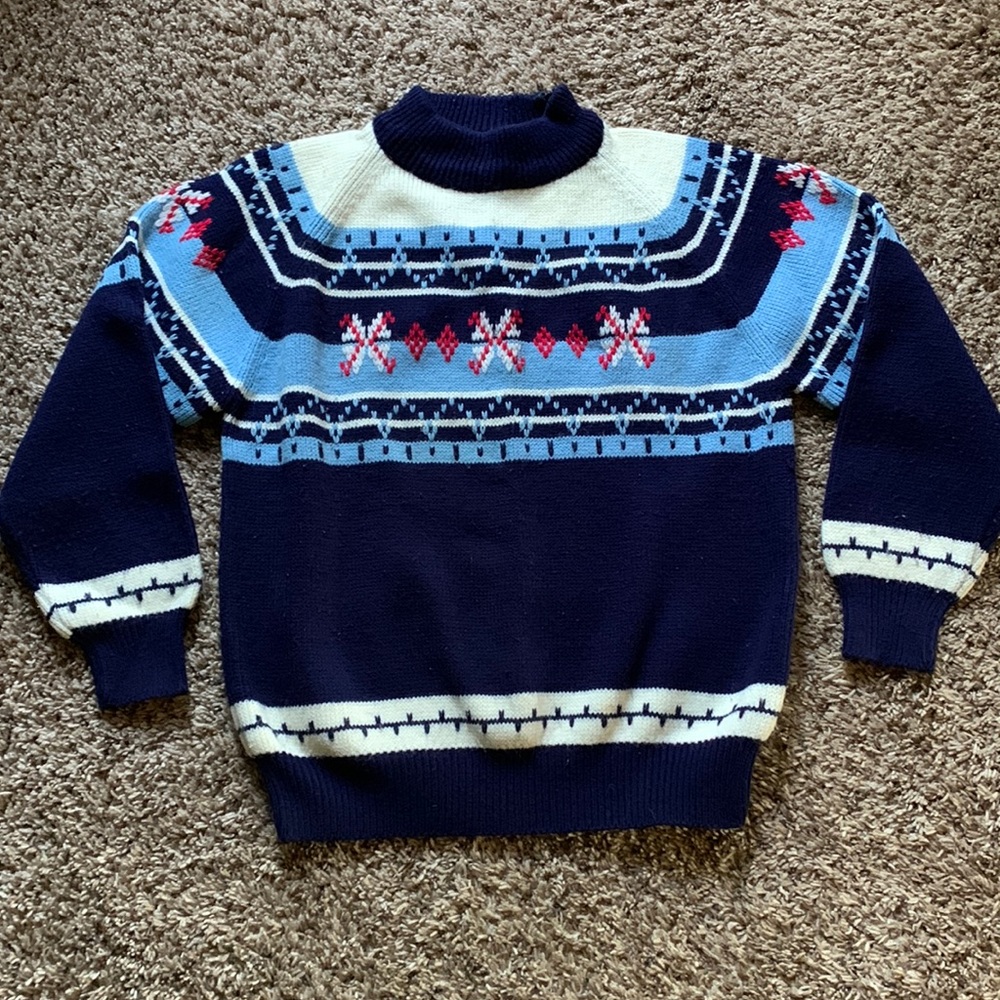 Gorgeous Vintage Fair Isle Navy Acrylic Sweater 1970s 80s